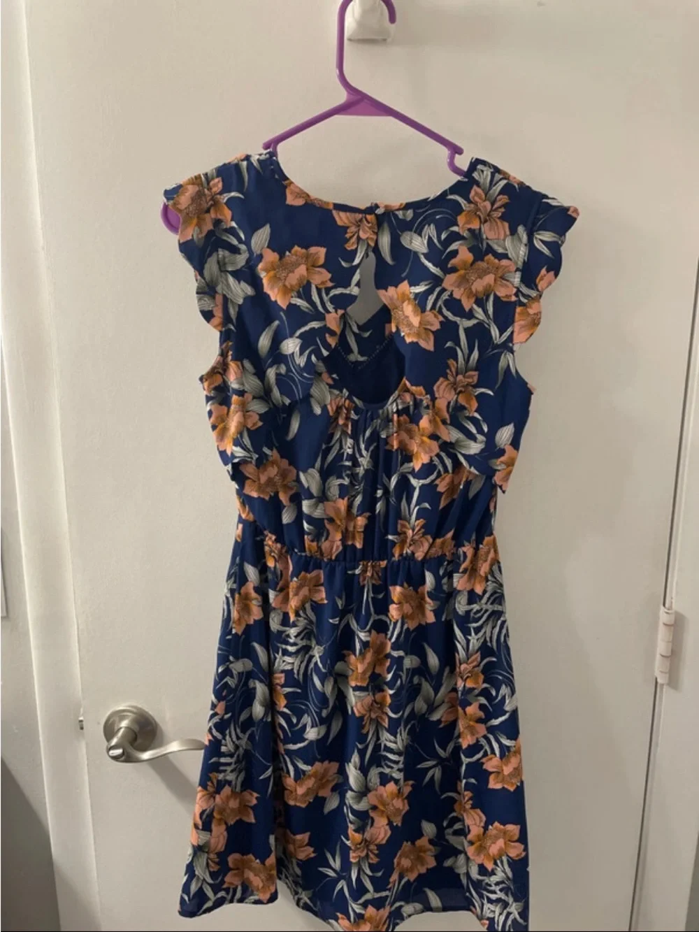 41 Hawthorn Navy Floral V-Neck Mini Dress with Peach Blooms
